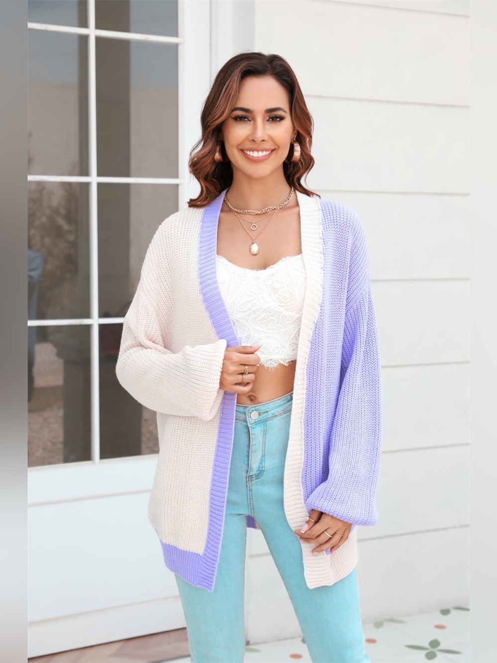 Angel Wings Open Front Contrast Color Balloon Sleeve Cardigan